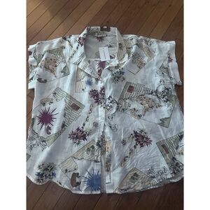 NWT Lucky Brand L Cotton S/S Graphic Blouse Shirt Button